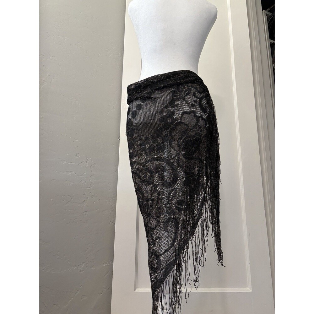 Vintage Ben Goodman Black Gold Metallic Lace Fringe Triangle Shawl Wrap FLAW - Picture 7 of 8